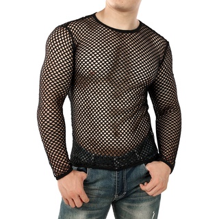 Mens Sexy Mesh T Shirt 2021 New Transparent See Through Fishnet Long Sleeve Muscle Undershirts