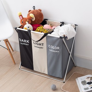 Foldable Dirty Laundry Basket Organizer Printed Collapsible Three Grid Home Laundry Hamper (1)