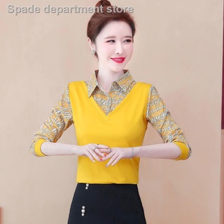 ready stock✘▩Fake two-piece splicing fashion shirt, women s cotton design sense blouse, spring and autumn lapel long-sleeved t-shirt, western style bottoming shirt
