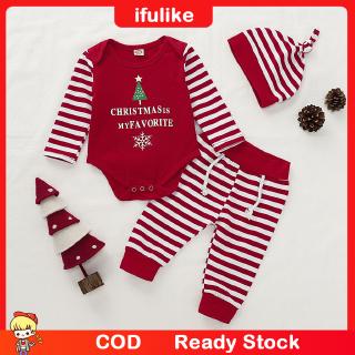 Newborn Infant Baby Boy Girl Romper Tops+Striped Pants+Hat Christmas Outfits Set