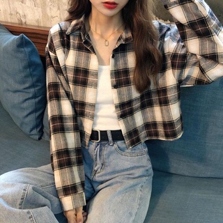 Women's Long Sleeved Plaid Shirt Korean Loose All-match Blouse Top College Style Shirts Tops