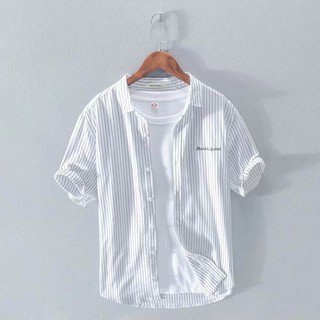 【M-3XL】Stripe Shirt Tops short sleeve Korean shirts men's off shoulder shirt mens polo shirt coat lapel shirt