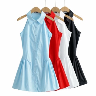 2021 Lapel Sleeveless Pleated Shirt Dress Female Slim Temperament Thin Short Skirt