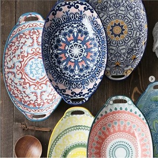 11" Bohemian inspired ceramic oval serving trays