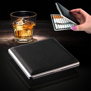 Cigarette case, stylish metal case with black leather surface (accommodating 20 cigare