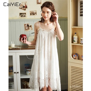 Caiyier White Sexy Nightgown Lingerie Lace Sleepwear Mini Sling Nightdress Women Spaghetti Strap Sum