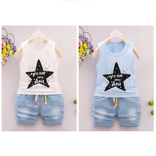 HIIU Summer Baby Boy Star Vest Jeans Two-piece Suit Clothing Set