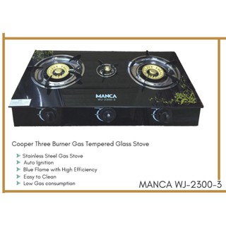WJ-2300-3 MANCA Cooper Three Burner Gas Glass Top LPG Stainless Steel Stove cooker
