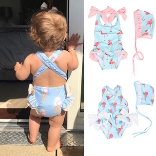 6M-6Y Baby Swimwear Pretty Floral One-Pieces Romper Swimsuit with Hats Fashion Girls Flamingo Swimmi