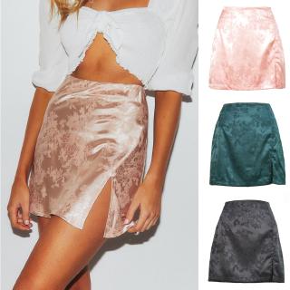 *ingramgogo* Womens Party Floral Print Zipper Slim High Waist Satin Split Mini Skirt