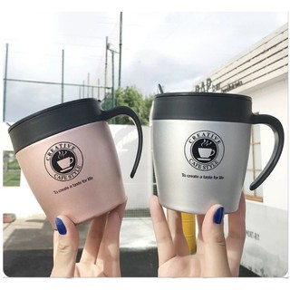 Coffee mug with cover spoon creative stainless steel office milk tea cup