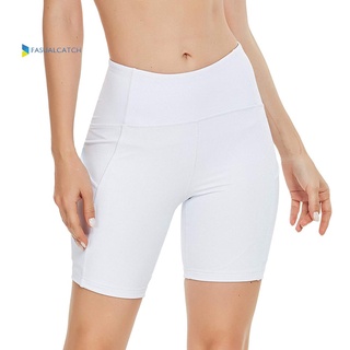 ♞ZM-High Waist Women Running Shorts w/ Pocket Workout Yoga Leggings (White M) (1)