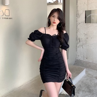 Fashion French Dress2021Spring and Summer Sling Square Collar Puff Sleeve Pleated Slim-Fit Temperament Sheath Short Skirt