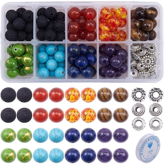 260pcs 6mm Natural 7 Chakra Lava Stone Beads Round Loose Beads Kit Spacer Beads with Crystal Strings for Essential Oil Jewelry Making