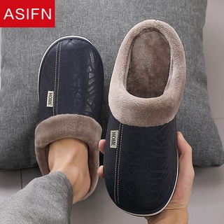 [indoor]ASIFN Big Size for Men's PU Leather Slippers Indoor Waterproof Home Fur Male Couple Flat Wom