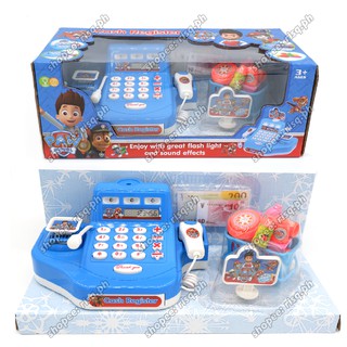 Blue Cash Register Simulation Toy Set Light Music With Banknotes Groceries Cashier Toy