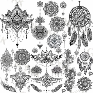 1 Sheet 3D Sexy Black Henna Mehndi Lotus Waterproof Tattoos Sticker /Water Transfer Mixed Style Stickers/Body Art Temporary Tattoo for Men and Women