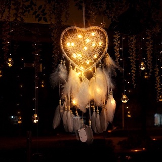 Dreamingsha Yueqinhaishang Dream Catcher With LED String Hollow Hoop Heart Shape Pendant Feathers Handmade Night Light Wall Hanging Home Decor
