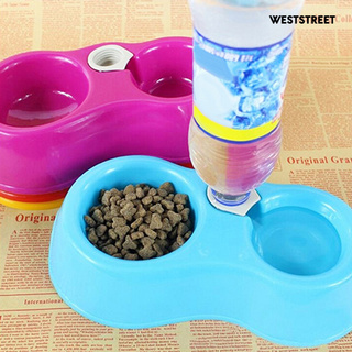 WS_do Dog Cat Automatic Food Bowl Bottle Inserted Dual Drinking Feeding Bowls