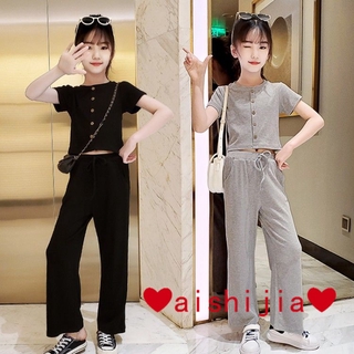 ready stock ❤aishijia ❤ 【110--170】Girls' Summer Clothing Suit Fashion Net Red Children's Clothing Big Boy Girl's Short-Sleeved Wide-Leg Pants Two-Piece Fashion - Leisure Cultivate One's Morality insPrincess Style (1)