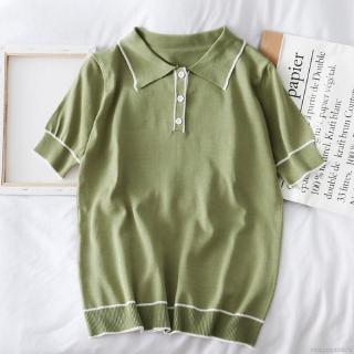 ღ【Cod】❦ Women's Sweet Polo Collar Ice Silk Shirt Short Sleeve T-Shirt Loose Top Bottoming Shirt (7)