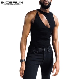 INCERUN Men Comfy Black Hollow Out Sleeveless Round Neck Slim Fit Tank Top