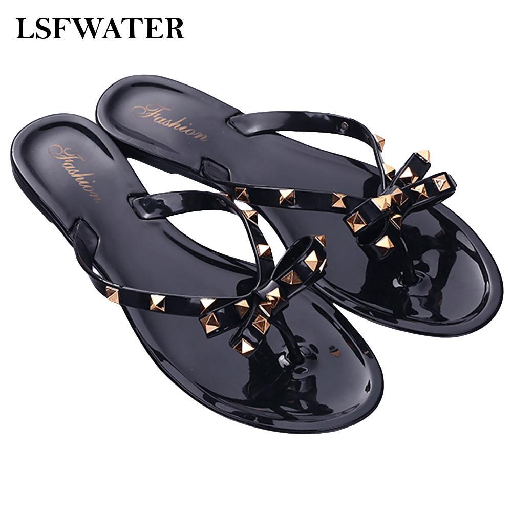 Flip Flops Stud Bow For Women Rivets Flat Jelly Sandals Chic