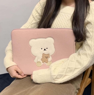 Fun Study|Exclusive Korean Cute Bear Pink Mac Apple Laptop Pack Girl Heart Cute Cartoon Embroidery (1)