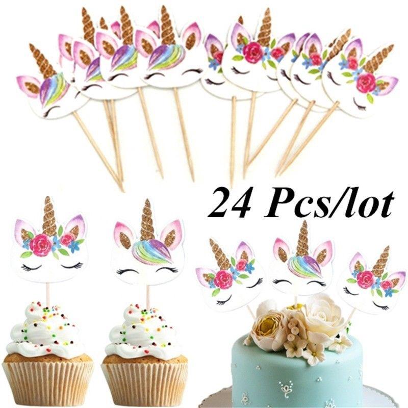 24Pcs Unicorn Cartoon Cupcake Toppers Cake Insert Cards Kid Birthday Party Decor