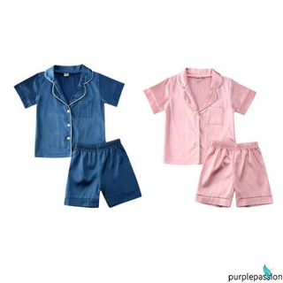 BღBღ✿Newborn Baby Boys Girls Silk Satin Pajamas Short Sleeve Button-Down Top Shorts Sleepwear