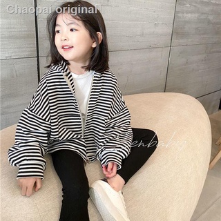 Hot sale◘Girls autumn jacket 2021 new children s western fashion striped hooded cardigan baby jacket spring and autumn all-match