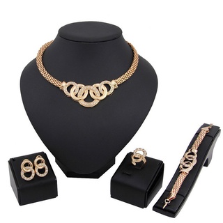 【Hot Stock】Women 18K Gold Plated Crystal Necklace Bracelet Ring Earrings Bridal Jewelry Set