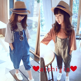 ready stock ❤ aishijia ❤ 【120--165】Girls' Overalls Western Style2020Summer Women's Big Kid Thin Loose Harlan Capri-Pants Summer Jeans Suit Casual Pants Spring and Autumn Denim Overall -Fashion