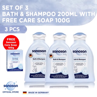 Sanosan Organic Baby Bath & Shampoo 200ml Pack of 3 with Free Care Soap 100g