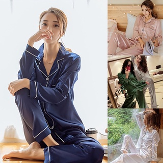 2PCS Pajama Set for Women Plus Size Striped Lapels Button Silk Satin Terno Sleepwear Long Sleeve Two-piece Pajamas Suit Homewear Nightwear
