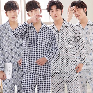﹍♦☢Sleepwear Terno for Men Pajama Long Sleeve Classic Designs Plaid Stripe Plaid Pajamas Male Father