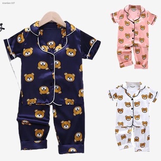 ▲✆[READY STOCK] Baby Kids Pajamas Girls Boys Sleepwear Set Cartoon Bear Print Short Sleeve Blouse +