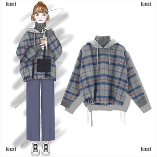 【lucai*COD】Women Loose Hoodie Sweater Turtleneck Plaid Sweatshirt Long Sleeve Top
