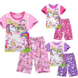 Children Girls Unicorn Pyjamas Kids Clothing Set Short Sleeve Tops + Shorts 2Pcs Sets
