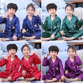 ✧6 Colour Children Kids Pajamas Baju Tidur Set Boys Girls Long Sleeve Sleepwear Silk Satin Pyjamas Nightwear Clothing