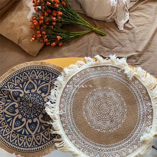 Nordic Moroccan woven tassels table mats, bowls and plates, cotton and linen thick heat insulation placemats, ins style tablecloths, geometric simple linen coaster, ethnic style Bohemia photo shoots, gourmet props baking (6)