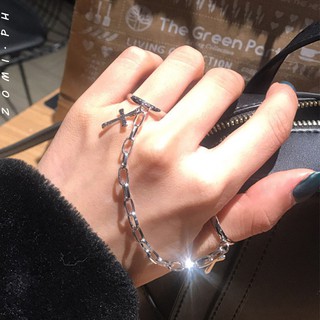 [ZOMI] Korean Ins Punk Hip Hop Two-finger Chain Cross Combination Ring for Men Women Opening Jewelry