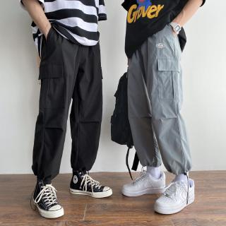 Korean Style Drawstring Casual Trousers for Men All-match Fashionable Couple Pants Summer Thin Nine Points Pants Japanese Solid Color Straight-leg Pants