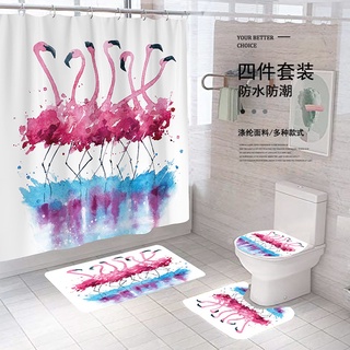 4 Pcs Waterproof Shower Curtain 3D Printing Flamingos Bathroom Shower Curtain