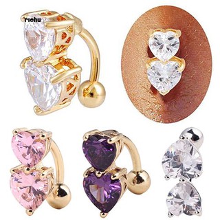 Richu_Reverse Crystal Zircon Bar Belly Ring Gold Body Piercing Button Navel Two Hearts