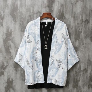 Casual kimono cover men s Japanese fashion men s kimono samurai crane print shirt men s plus size cl