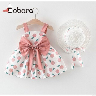 BOBORA Baby Girls Dress Sets Kids Fruit Pattern Sleeveless Strap Dresses Casual Sundress With Hat