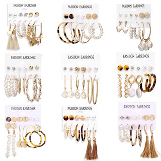 6 Pair/Set Bohemian Pearl Leaf Tassel Earrings Set Women Circle Shell Dangle Stud Earrings Jewelry