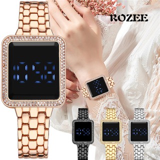 [ROZEE]Diamond border Fashion Touch Screen Waterproof Women watch Led Digital watches Steel Belt Square Watches