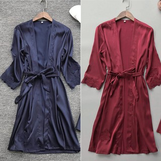 Women Lace Stitching Silk Nightwear Bathrobe Belt Long Sleeve Robe (1)